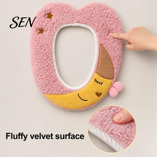 Universal Fit Toilet Seat Covers Plush Cartoon Mat, Soft Thickened Washable Bathroom Pad Winter with Handle, Warm Skin-Friendly Adhesive Cushion