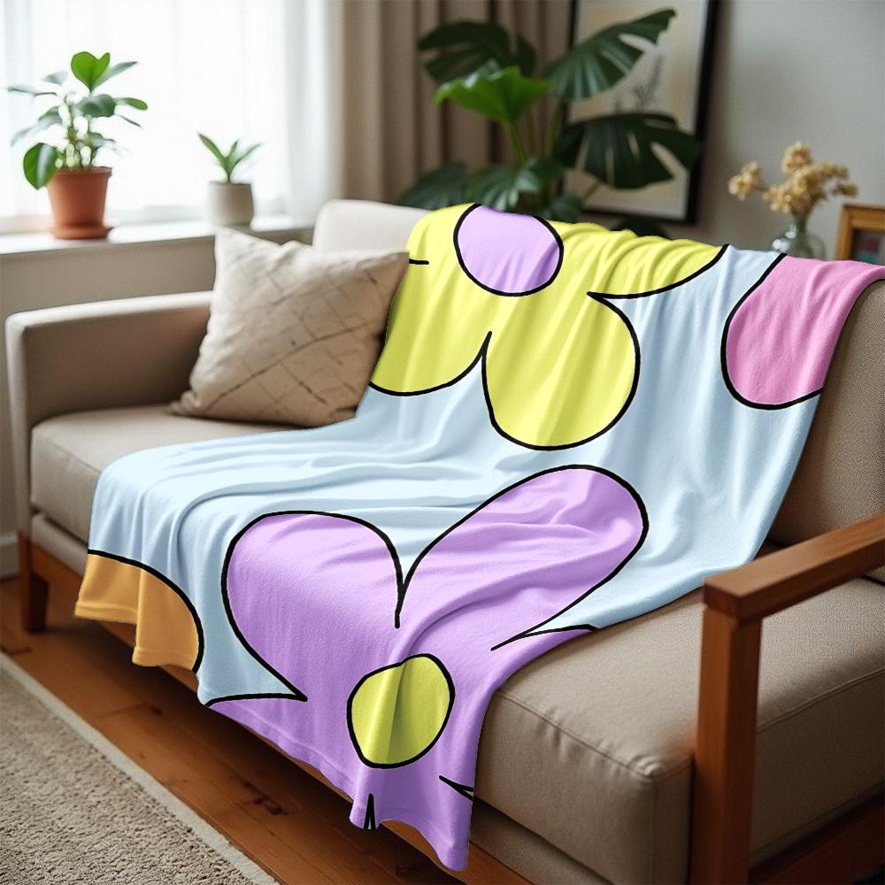 Pale Blue Big Outline Pastel Floral Cartoon Anime Print Flannel Blanket Soft Warm Throw for Kids Bedroom Sofa Christmas Office