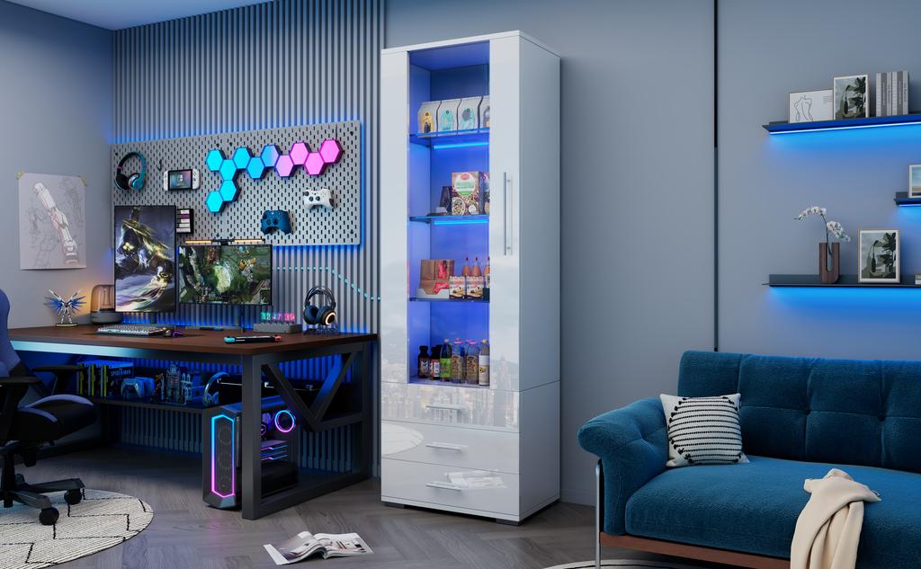Vit högglansig montr, glasmontr, fristående montr med LED-belysning, vertikal med 3 lådor, 60*35*180cm