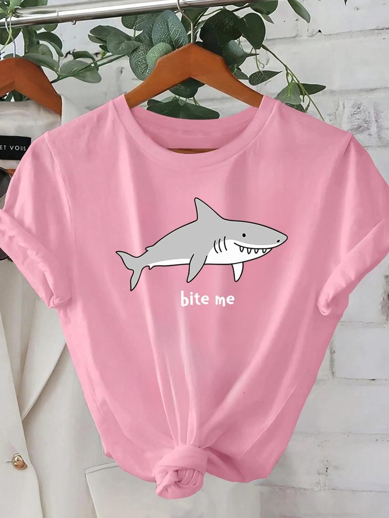 WoUnisex Pink Graphic TShirt Bite Me Shark Design Crew Neck Sleeve Perfect for Summer Outings Casual Attire Aesthetic Clothes