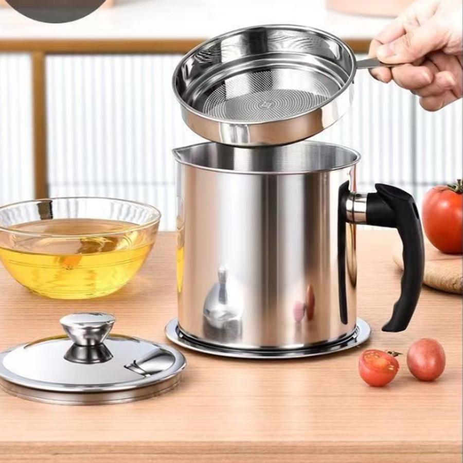 

1.4l Stainless Steel Oil Strainer Pot With Lid Fine Mesh Fast Filtering Container Reusable Bacon Fat Oil Storage Can Multifunctional Kitchen Cooking O срібний