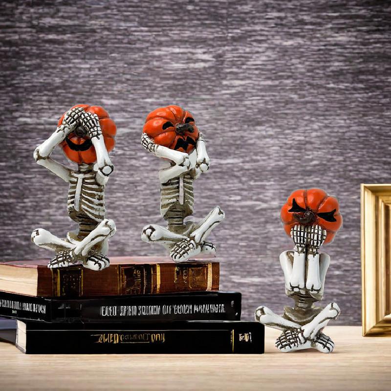 Delightful White Pumpkin Skull Set Three Resin Figurines Perfect For Halloween Parties