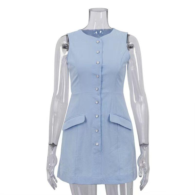 

Модный стиль Новая мода Круглый вырез Однобортное Платье без рукавов Короткая юбка Платье одинарного заваривания Blue L