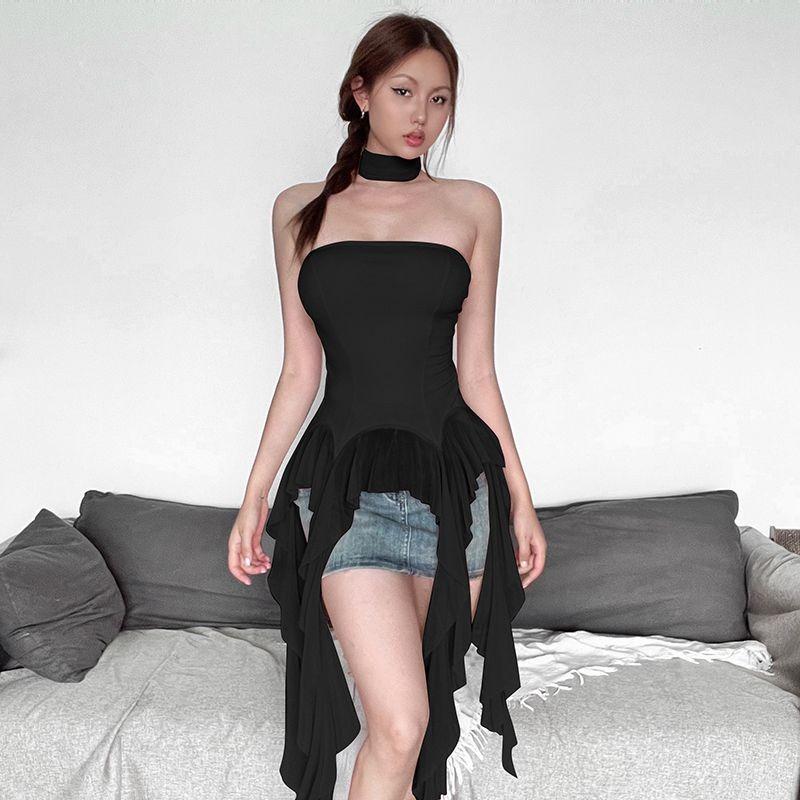 Женский летний топ с вырезом халтер, оборками по подолу, асимметричный, черный S чёрный