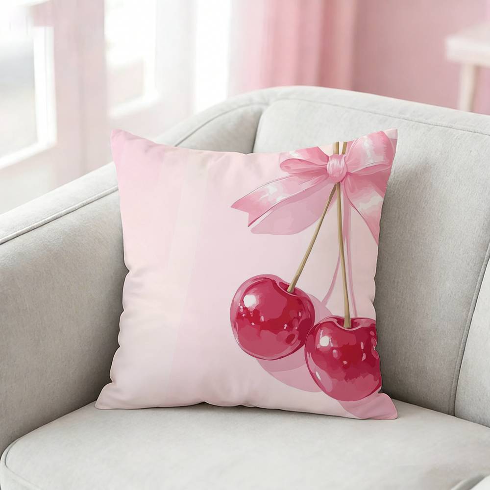 Pink Bow Cherry Pattern Pillow Case For Sofa Living Room Home Office Decor Protective Cover