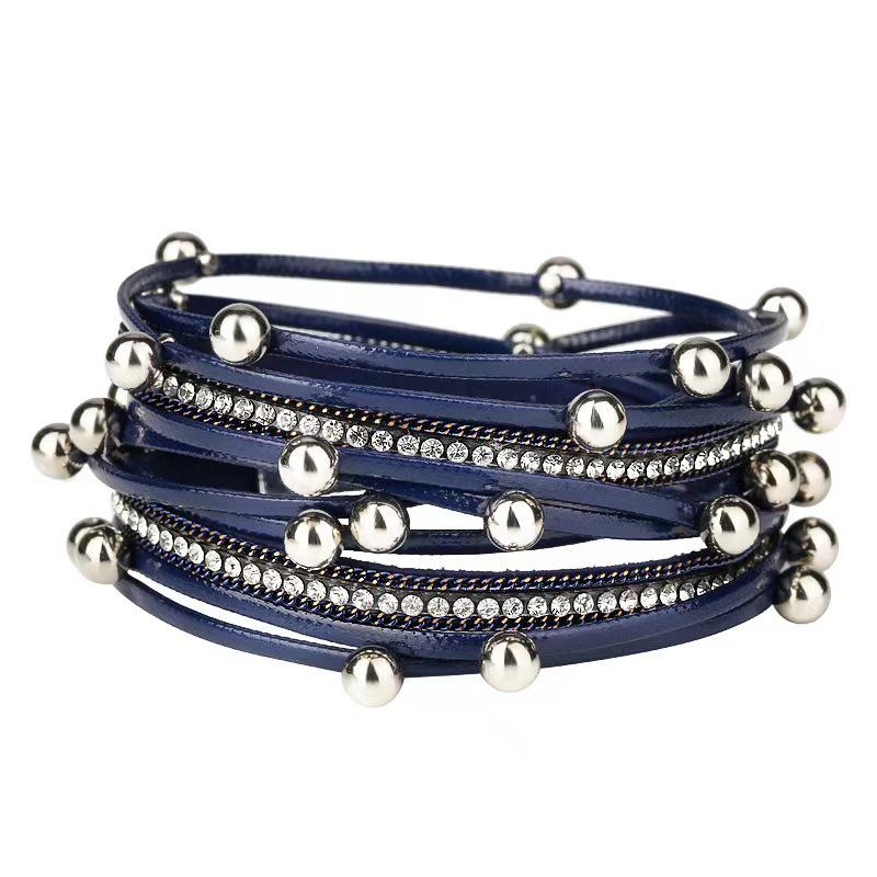 Bracelet Bohème Multi-Rangs en Cuir Perlé avec Fermoir Magnétique