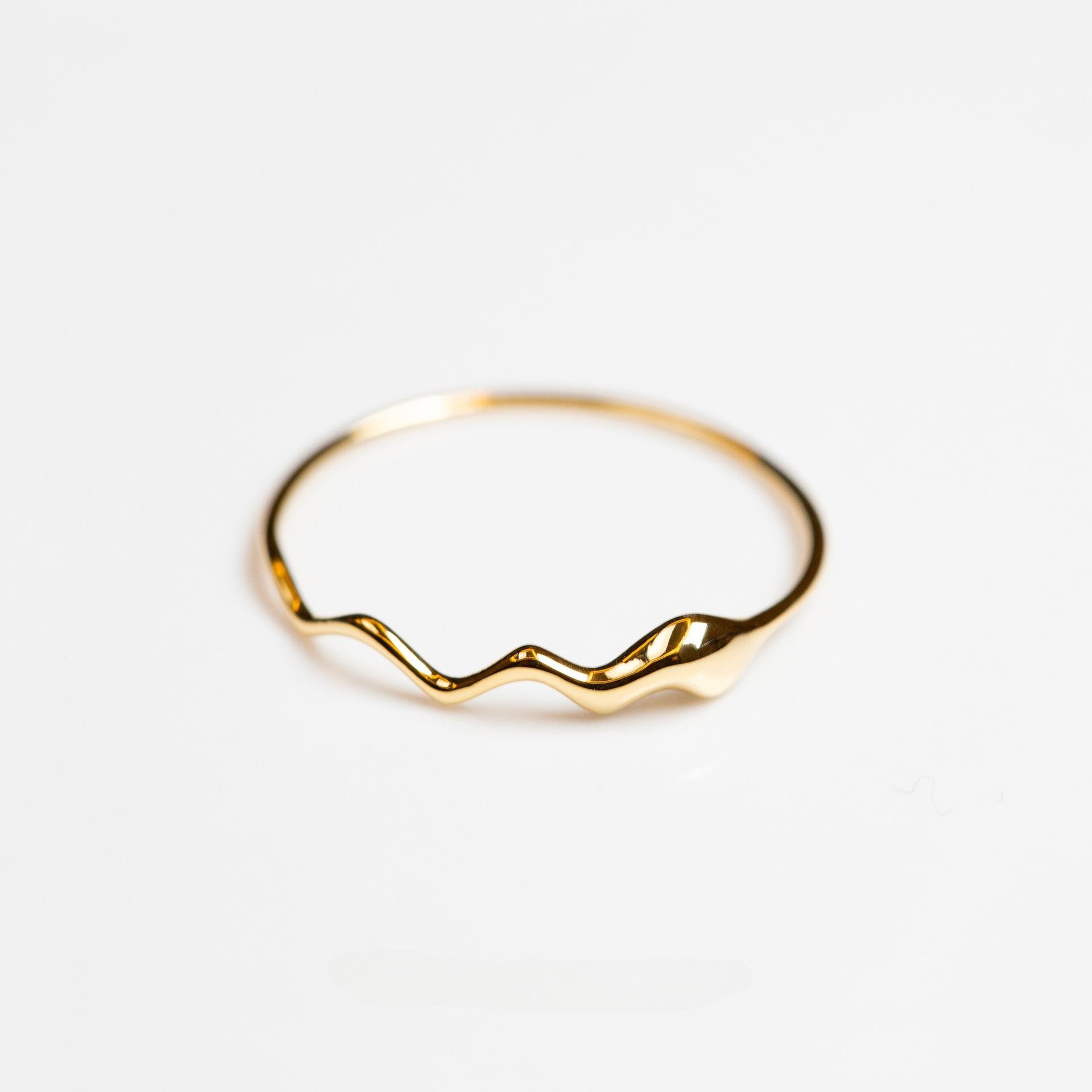 18K Gold-Plated S925 Silver Minimalist Water Drop Wave Ring for Women US Size 7
