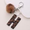 Western Cowboy Leopard Print Leather Keychain with Acrylic Letter and Plush Ball Accessories