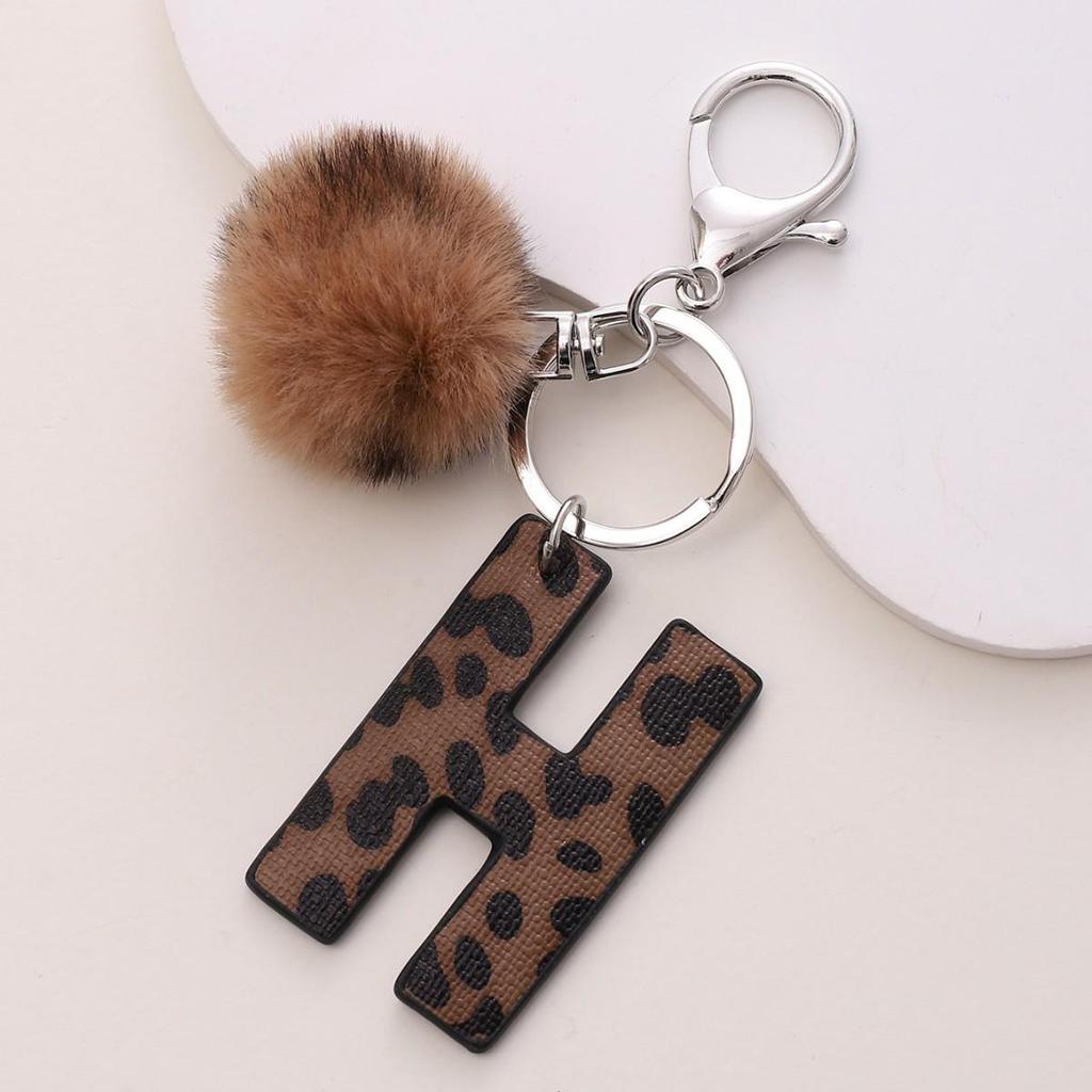 Western Cowboy Leopard Print Leather Keychain with Acrylic Letter and Plush Ball Accessories