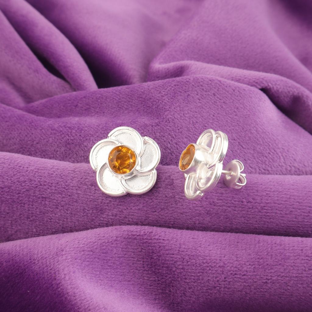 Round Natural Citrine Sterling Silver Handmade Stud Trendy Boho Earrings Jewelry EE-157-6