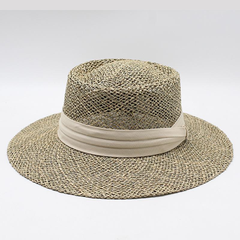 Big Eaves Hat Children Summer Travel Beach Hat Seaside British Flat Top Salty Grass Hollow Sunshade Sun Protection Straw Hat