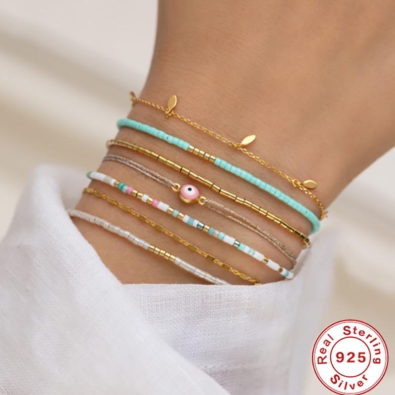 S925 Sterling Silver Beaded Bohemian Turquoise Mixed Color Xiaomi Beads Dopamine Bracelet Beach Bracelet