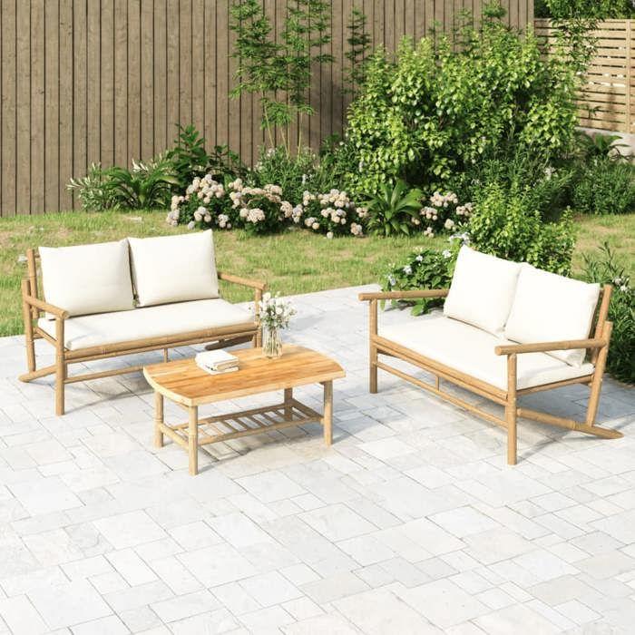 VidaXL Salon de jardin 2 pcs avec coussins blanc crème bambou, ensemble de salon de jardin, salons de patio, siège de 363461