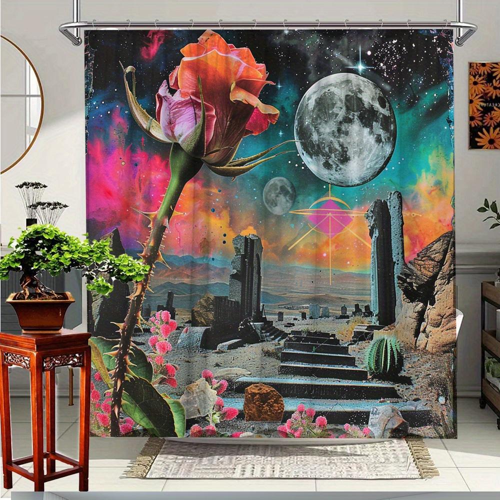

1Pc Surreal Rose And Moon Shower Curtain With Cosmic Landscape, Vibrant Floral And Astral Design, Perfect For Bathroom Or Patio W60H190(CM)-1 Pcs