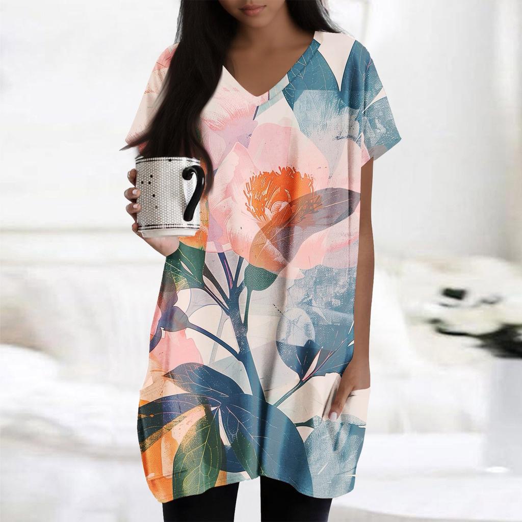 Womens Tops V-neck Short Sleeve Blouses Casual Mid-length Shirts Fashion Print Tunic Tops With Pockets