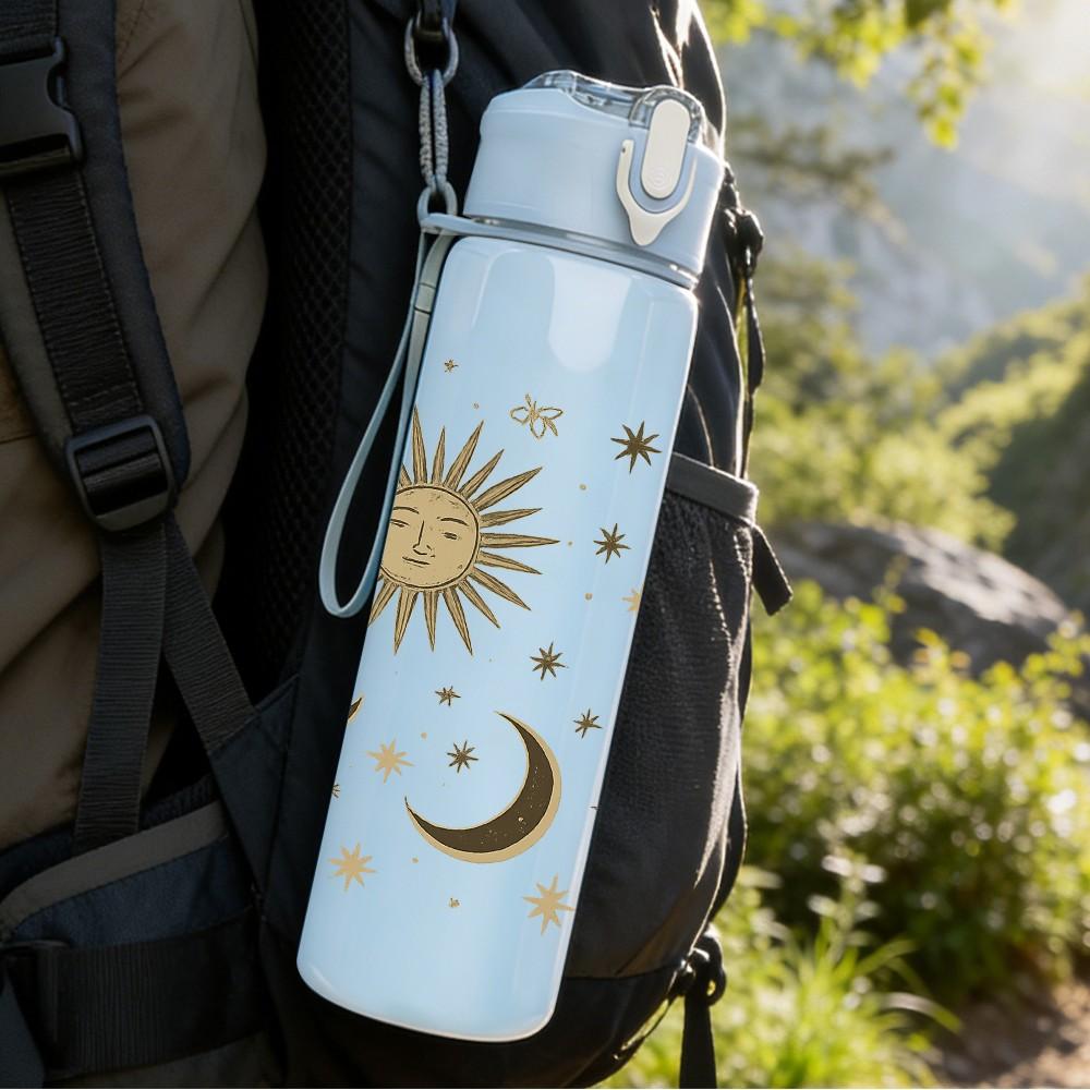 1PC Sun Moon Star Cosmic Texture 750ml Color Plastic Sports Water Bottle Leakproof Flip Straw Lid For Sports Office Home Use