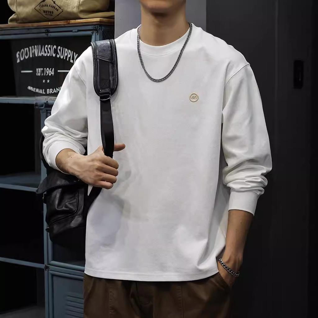 Autumn Simple Embroidered Long-Sleeved T-Shirt Men'S 50G Heavy Knitted Bottoming Shirt American Trendy Sweater