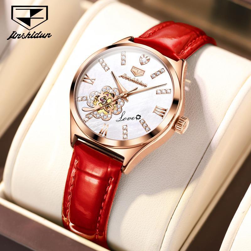 JINSHIDUN Brand Fashion Hollow Inlaid Diamond Four-leaf Clover Mechanical Watch Waterproof Women's Watch