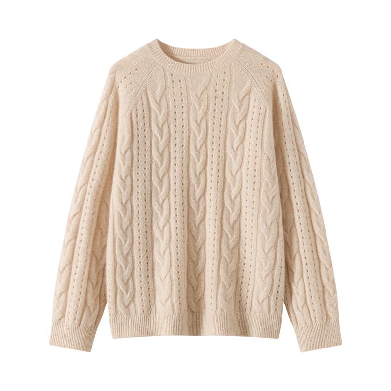 2025 Autumn/Winter Women's 100% Cashmere Round Neck Hollow Cable Knit Casual Loose Pullover Sweater