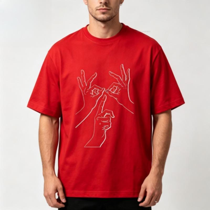 Unisex 100 Cotton Crew Neck T Shirt Minimal White Line Three Hands Gesture Sketch Loose Short Sleeve Street Casual Tops For Unisex