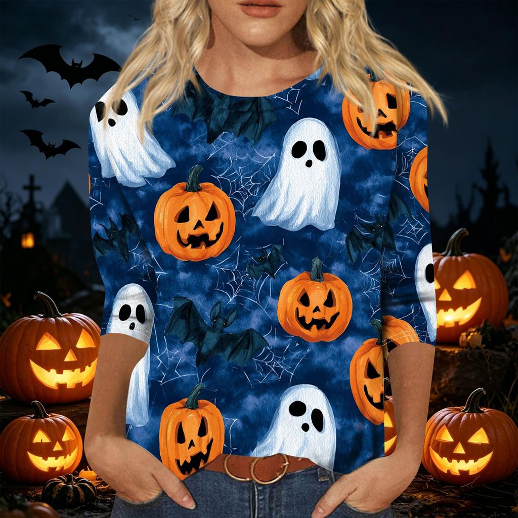 Women Casual Three Quarter Sleeve Halloween Print Round Neck Top Lightweight Comfortable Fit Seasonal Shirt for Everyday Wear