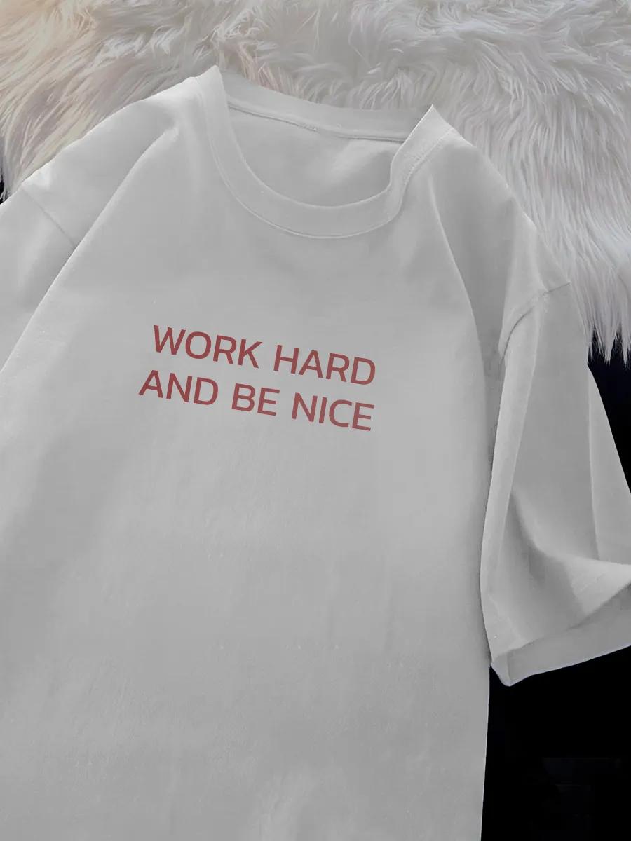Oversized white T-shirt with Work hard y2k print S