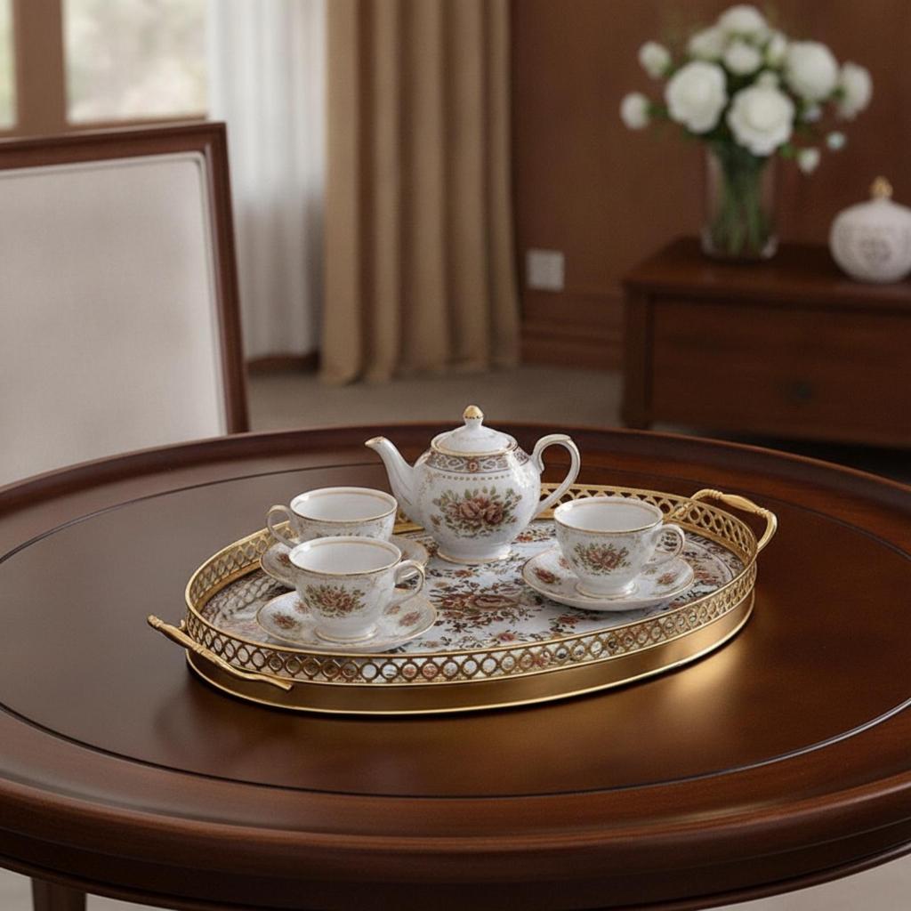 Floral Tray with Metal Frame Decorative Oval Serving Gold for Home