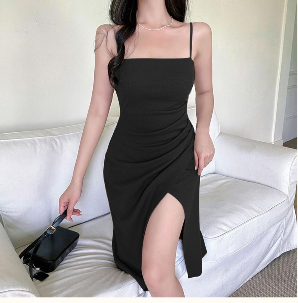 Schwarzes Trägerkleid für Damen, Sommer, Seniorinnen-Stil, klein und dünn, sexy langes Kleid mit geteiltem Saum, mit innenliegendem, figurbetontem Rock.