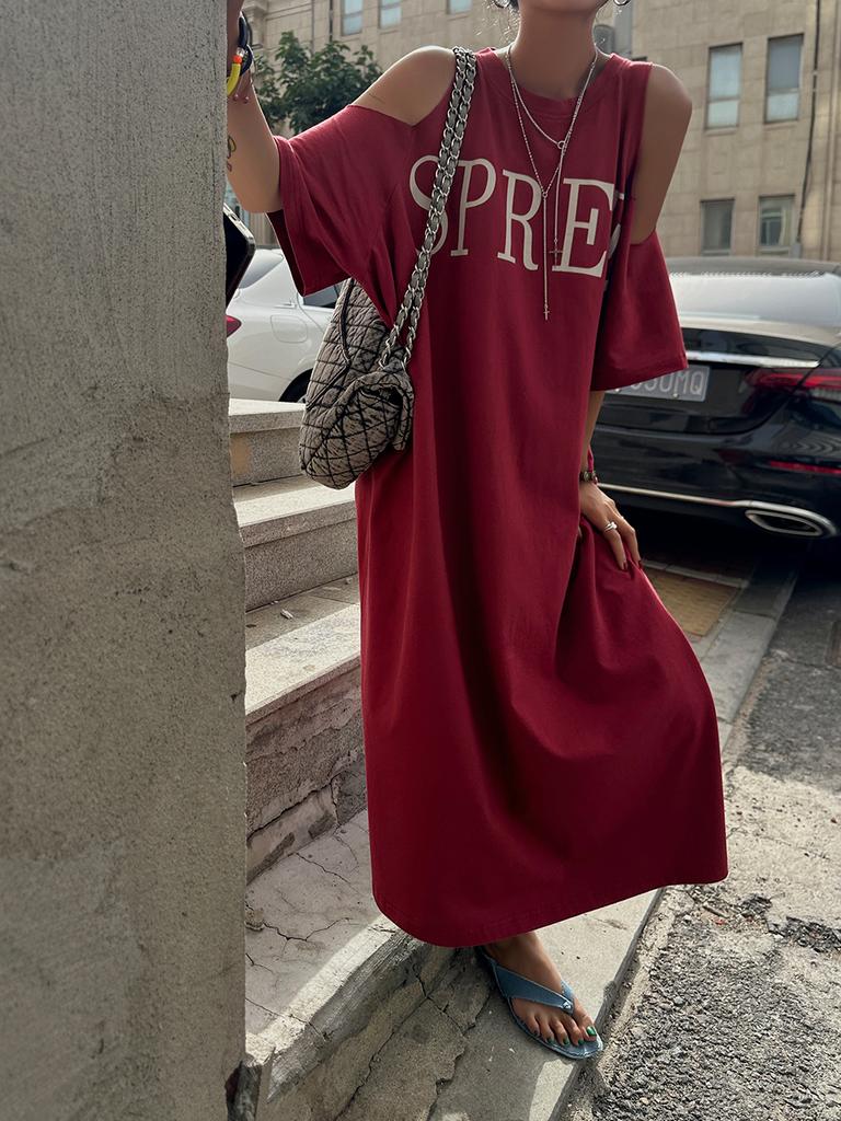 Plus Size Women's Summer Off-shoulder Loose Dress Letter Printing Casual Long T-Shirt Dresses