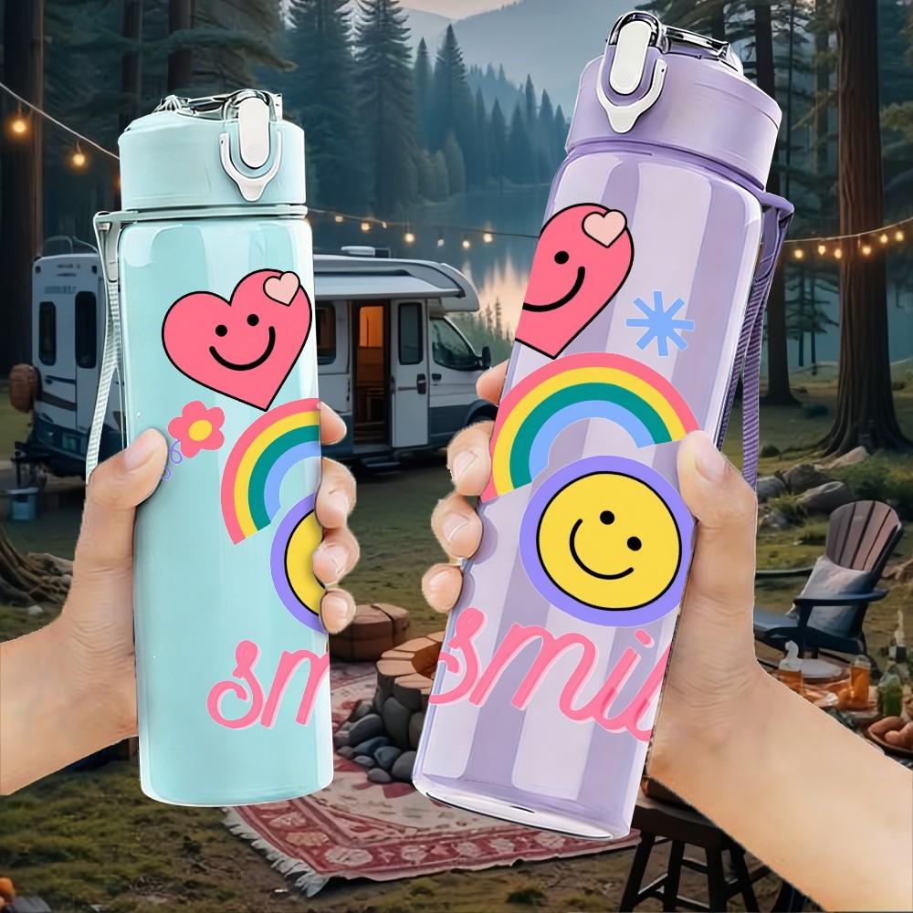 1PC Rainbow Cloud Smile Face Pattern 750ml Color Plastic Sports Water Bottle Leakproof Flip Straw Lid Suitable for Sports Office Home Use