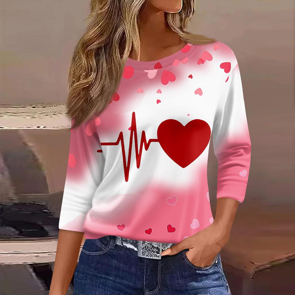 Women's Fashion Casual Round Neck 3/4 Sleeve Loose  Printed T-Shirt Ladies Top