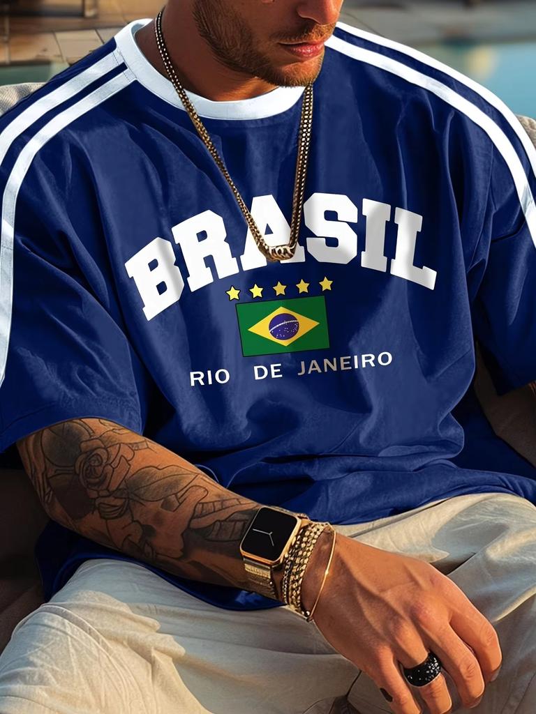 Summer New Five-star Brasil Print T-shirt for Men Short Sleeve O-neck Tees Vintage Casual Sports Mesh Jersey Oversized Tops