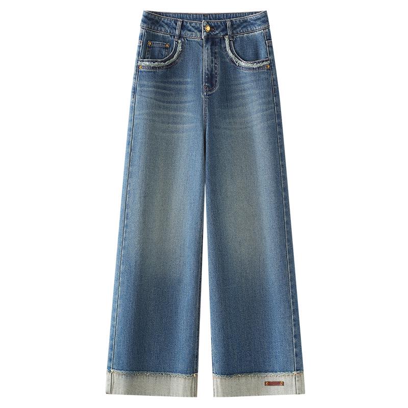 

Женские джинсы с высокой посадкой, пэчворк, широкие штанины - Ретро мода 2025 для осени и весны XXL синий