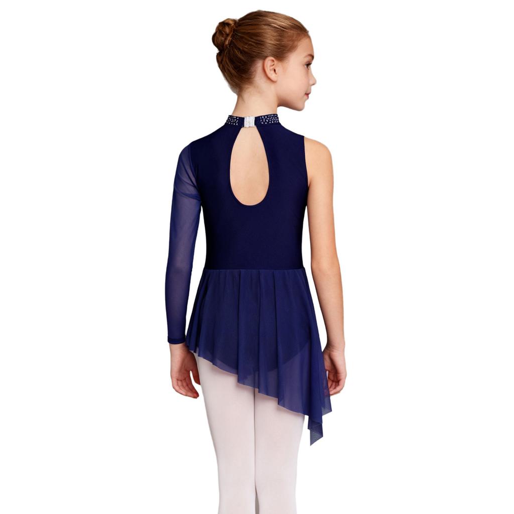 Dziewczęca sukienka do tańca lirycznego Kostium do łyżwiarstwa figurowego Błyszczące cyrkonie Marszczenie Siateczkowa nakładka Asymetryczna spódnica Body