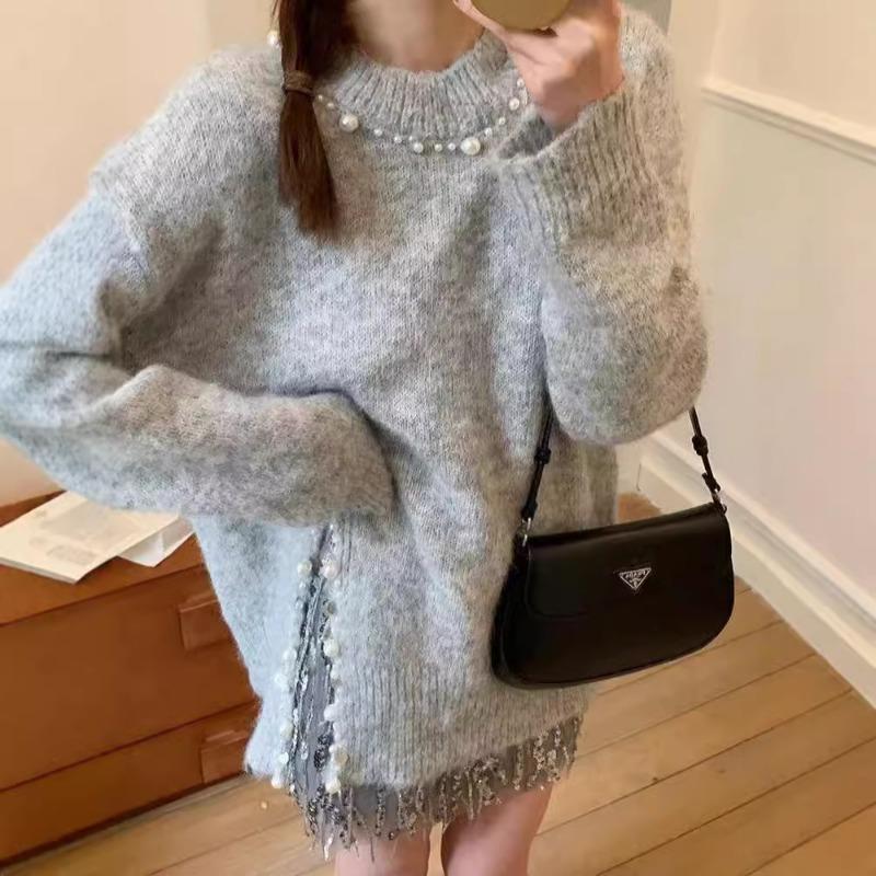 Split fork loose lazy wind knitted sweater women's autumn and winter design sense nail bead pullover sweater women's high-end top