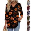 Women's Casual Halloween Print V-Neck Blouse with Three-Quarter Sleeves for Holiday Parties