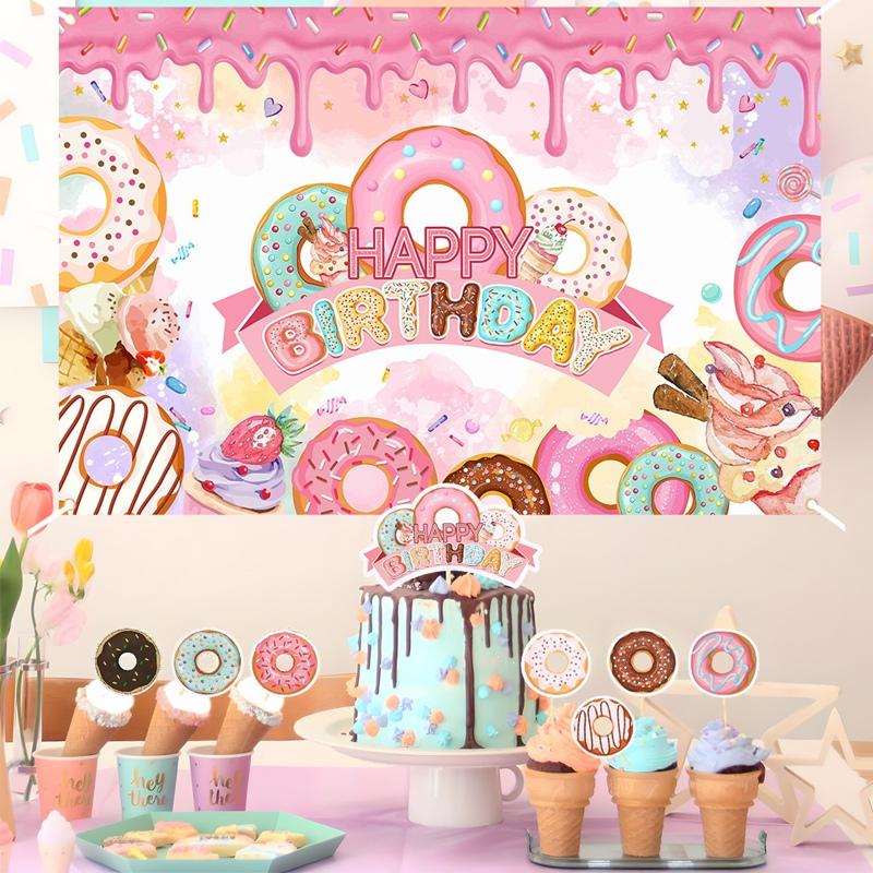 Donut Theme Party Backdrop Banner Happy Birthday Party Decor Photo Booth Background Baby Shower Girl Hanging Flag Backdrop Props