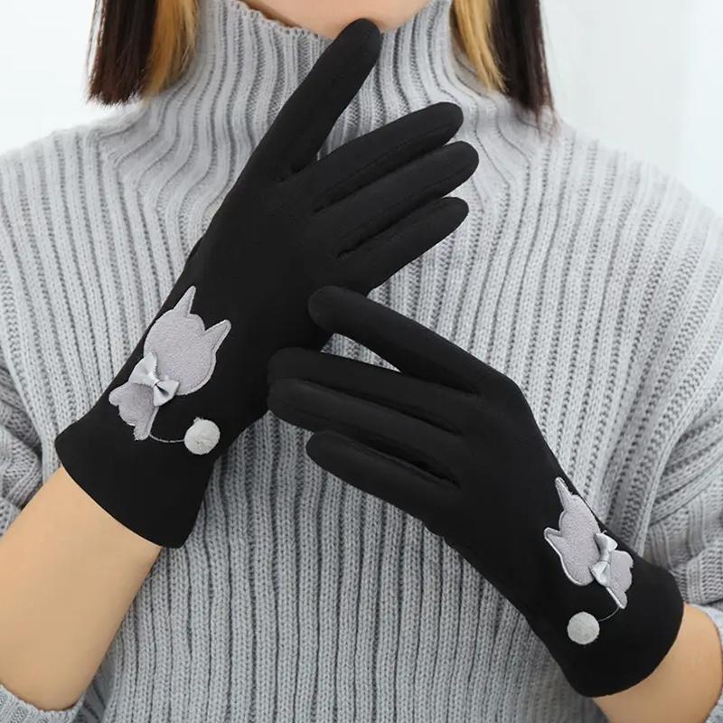 Women Touch Screen Outdoor Gloves Winter Fleece Riding Cat Embroidery Driving Elastic Gloves Warm One Size Fits All