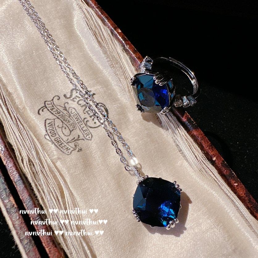 Sri Lanka Sapphire Necklace, Sotheby'S, 18K Gold Plated, Royal Blue Fat Square Zircon Ring, Combination