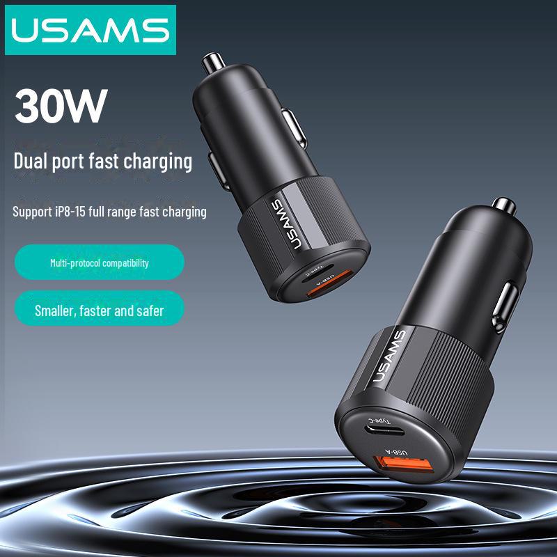 

USAMS Dual Car Charger for iPhone: Cigarette Lighter & Type-C, PD60W чёрный