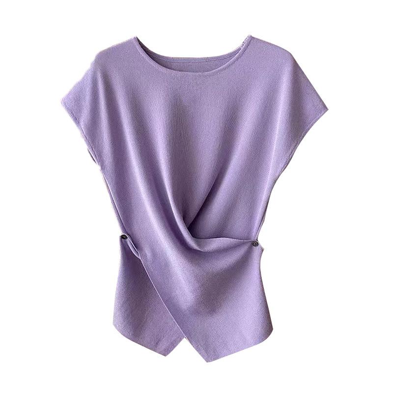 

Французский вязаный свитер с круглым вырезом, летний тонкий без рукавов, облегающий и высококлассный топ, женская футболка с коротким рукавом и прямым плечом One size фиолетовый