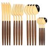 Brown Gold Stainless Steel Dinnerware Set with Imitation Wooden Handle - 4/16 Piece Cutlery Set including Knife, Spoon, Fork
