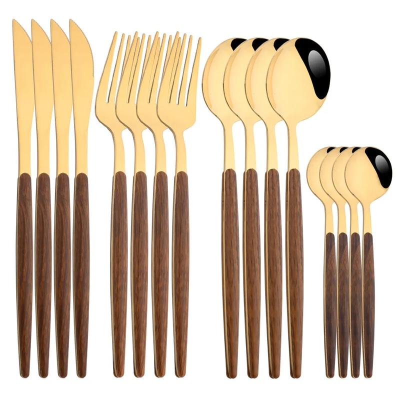 Brown Gold Stainless Steel Dinnerware Set with Imitation Wooden Handle - 4/16 Piece Cutlery Set including Knife, Spoon, Fork