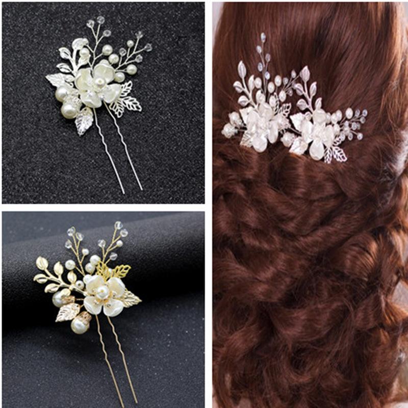 Europe and America Cross Border Silver Leaves Handmade Twisted Beads U Shape Hair Clasp Pin Bridal Wedding Hairware Lot