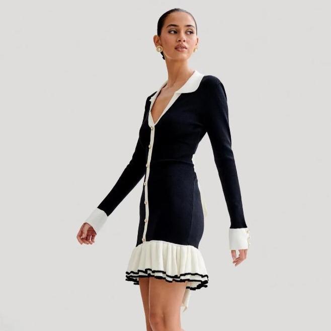 Mini abito in maglia con fiocco a volant da donna, cardigan a contrasto senza schiena, elegante abito allacciato, maglieria femminile, abito a fascia