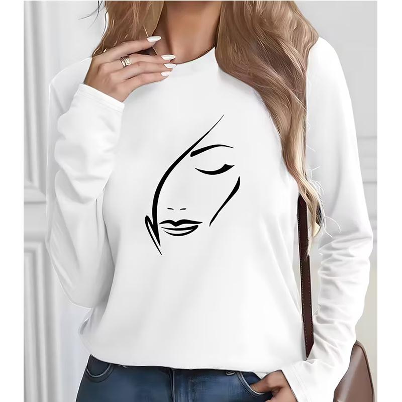 

Осенне-зимняя футболка Женская футболка с ретро-узором Женская футболка с принтом линий лица с длинным рукавом 5XL