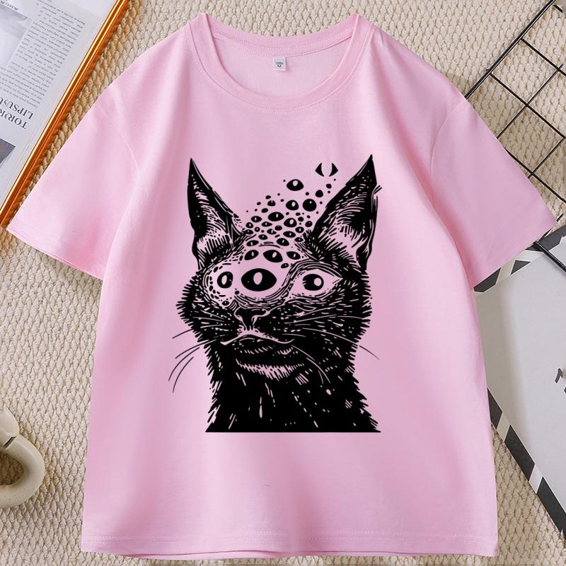 Weirdcore Cat T Shirt Harakuju Creepy Horror Goth Cat TShirt Gothic Dark Aesthetic Tshirt Casual Round Neck Cotton Tees Tops