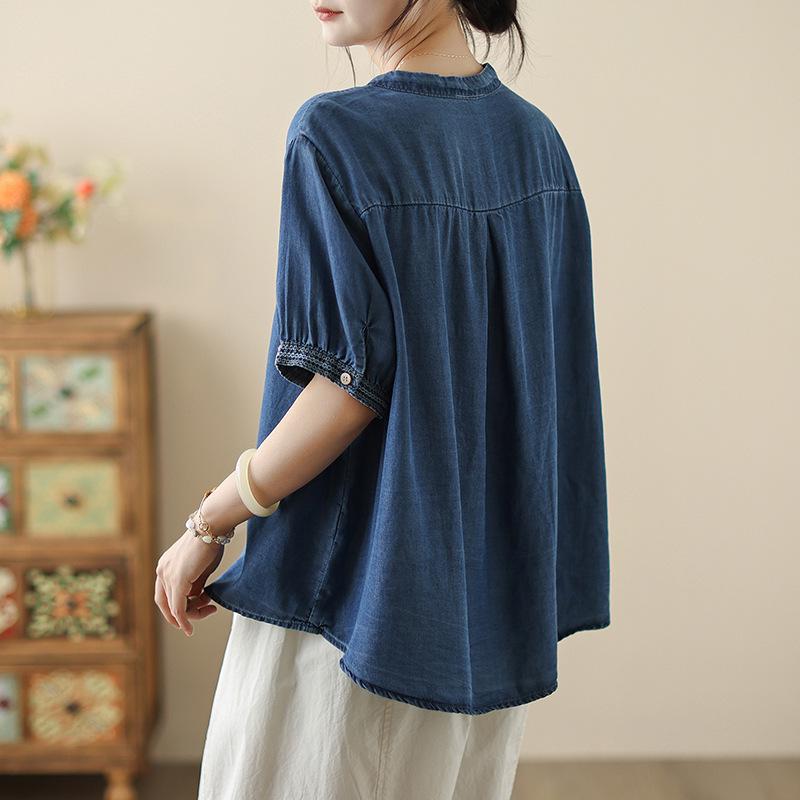 2025 Women's Tencel Denim Shirt with Drape Short Sleeves - Retro Niche Thin Top