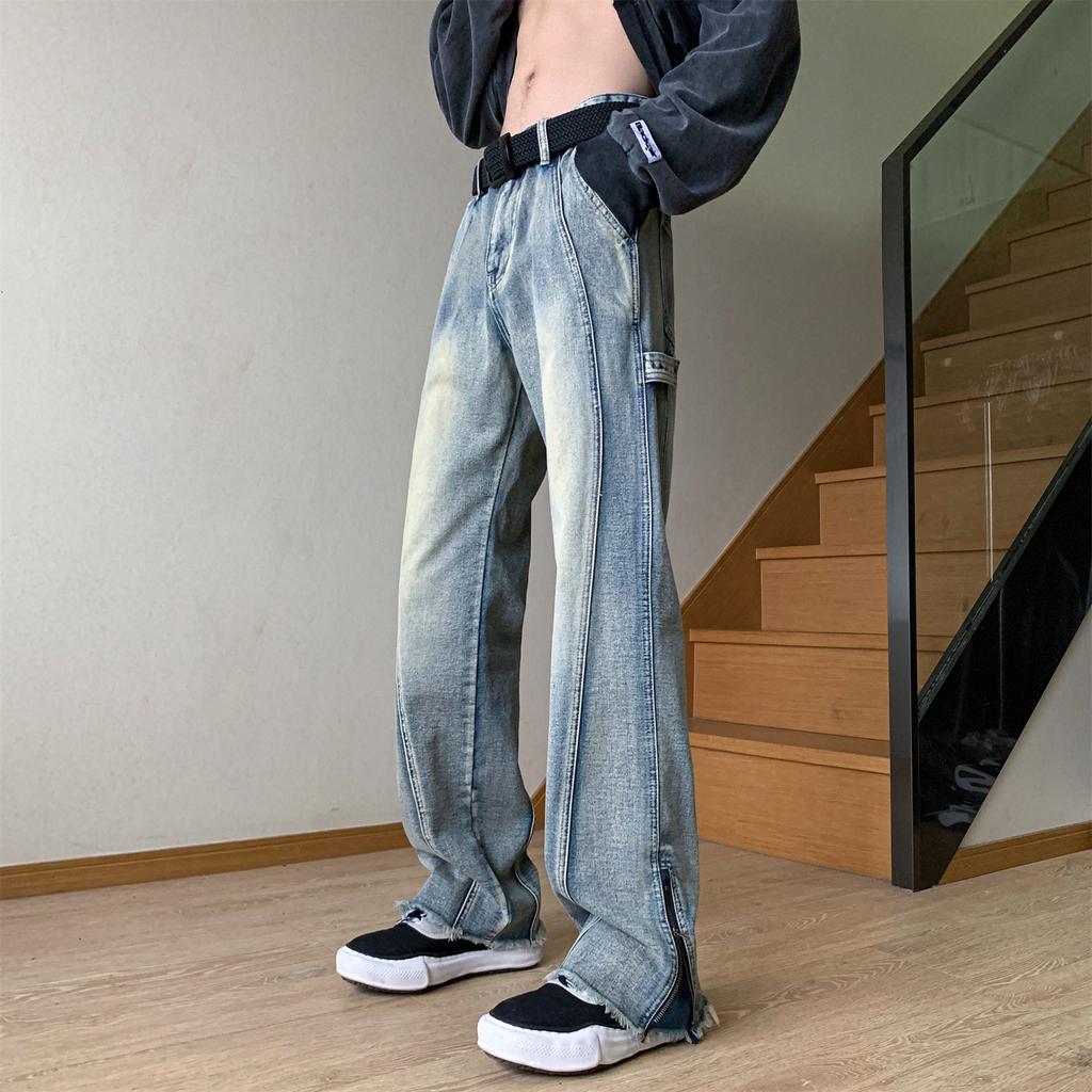 American retro jeans men's European and American high street vibe pants loose straight zipper split fork rough edge micro pull pants