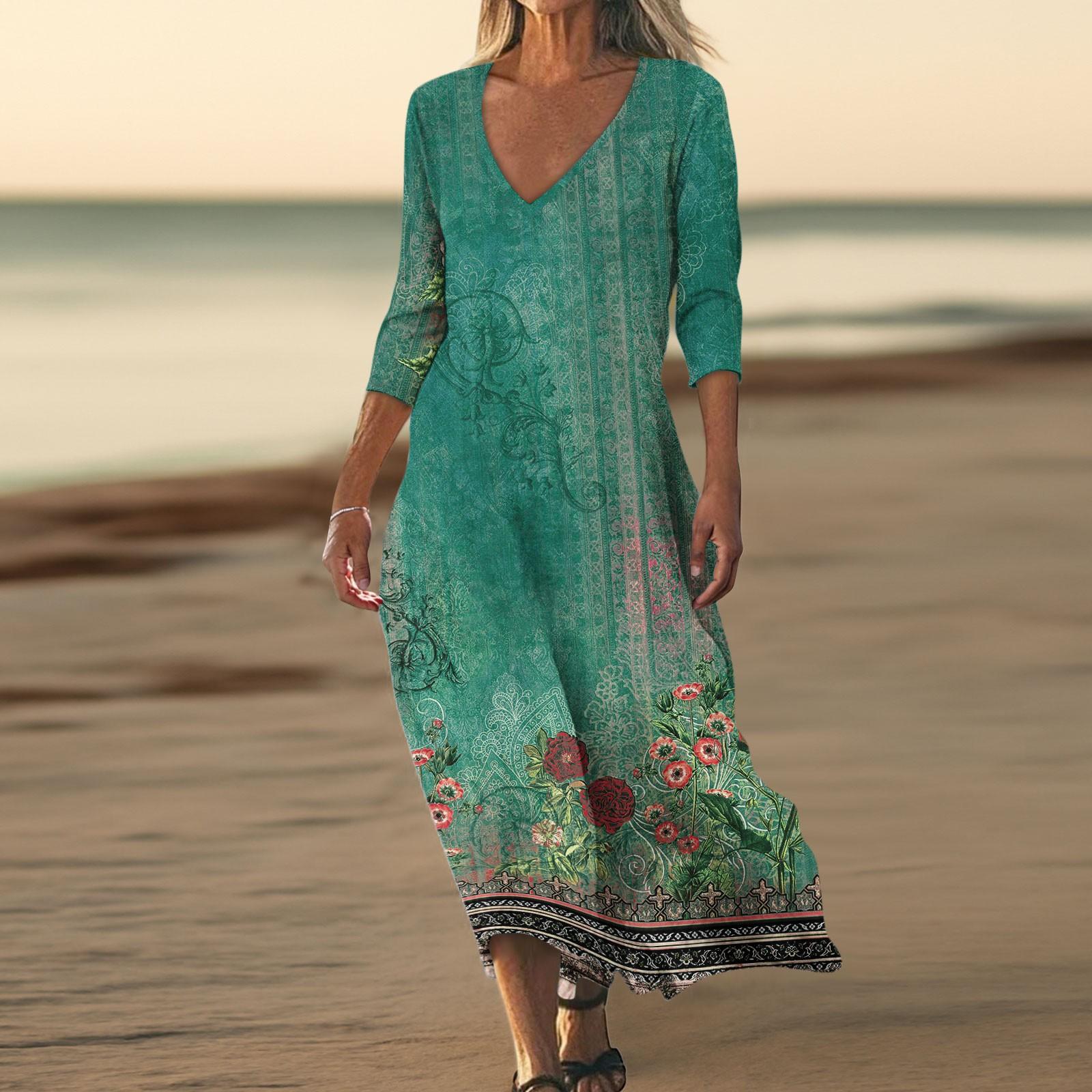 

Платья для женщин Винтажный принт Туника с завышенной талией Миди-платье Летнее повседневное Платье с рукавом 3/4 L